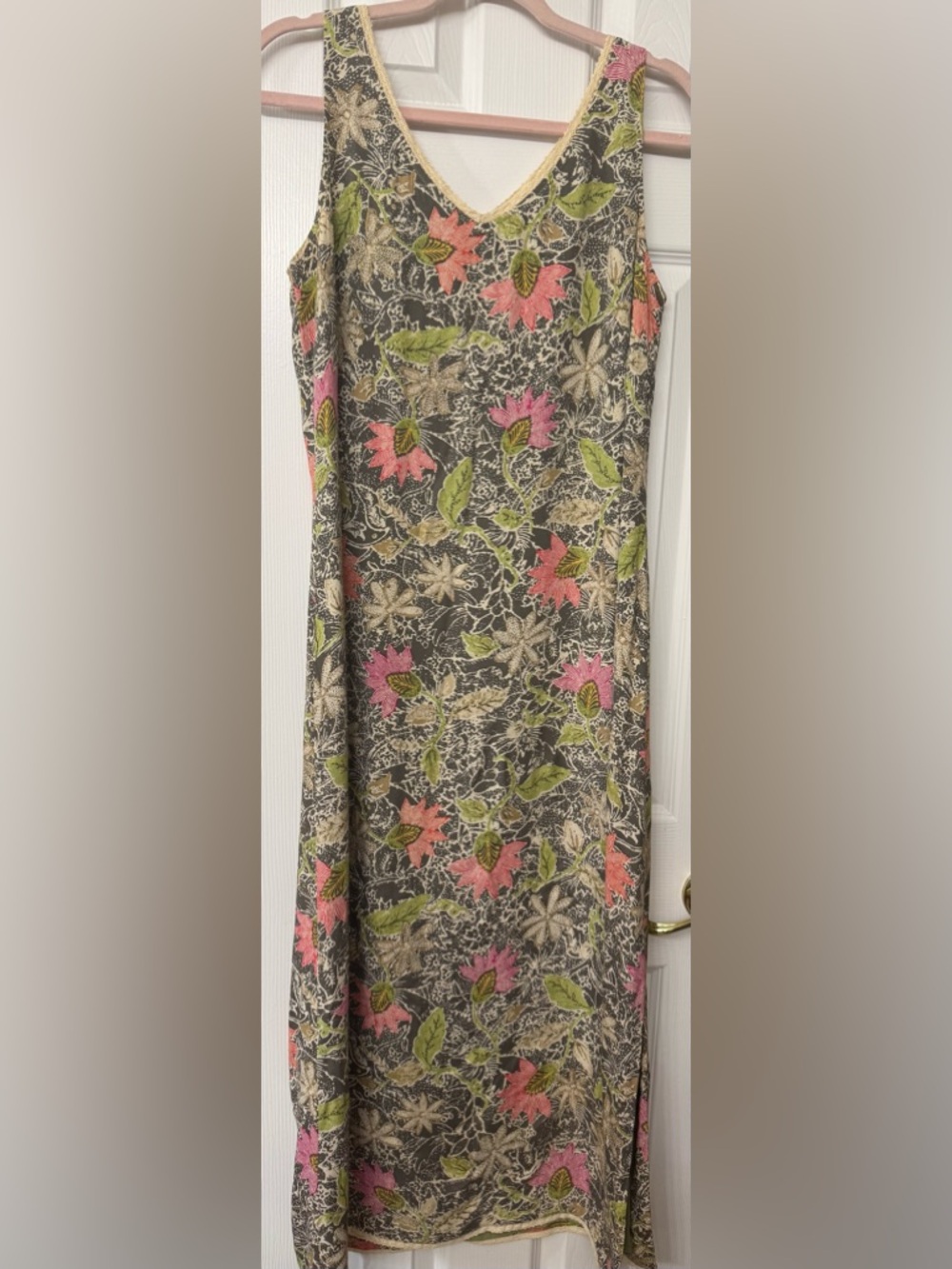 Vintage Sigrid Olsen Floral V-Neck Maxi Dress in Pink, Green & Cream size 8